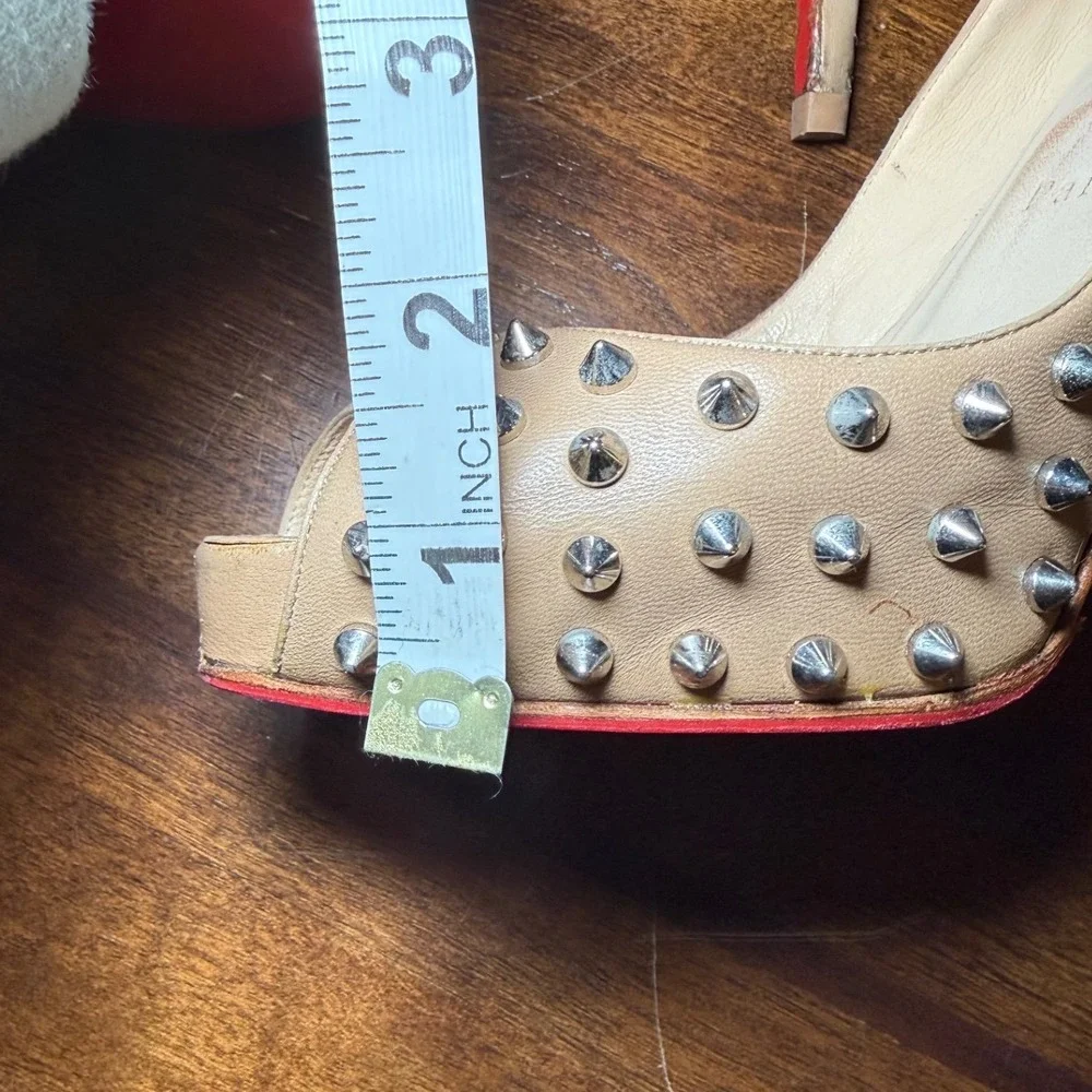 Christian Louboutin Alti Spikes 160 Nude Leather Peep Toe Platform Pumps 38